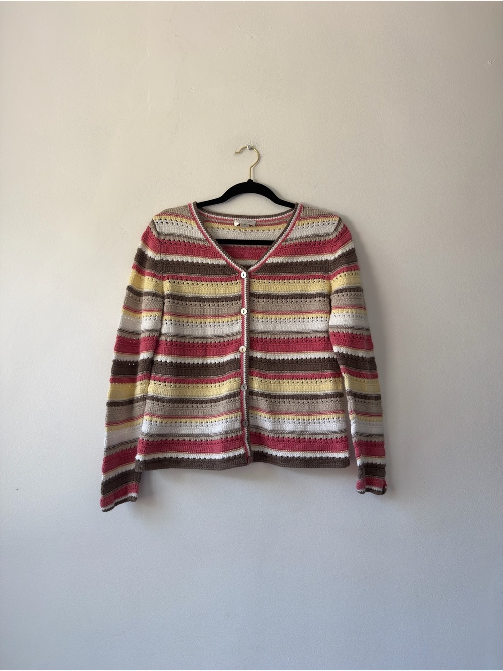 Christopher & Banks Striped V-Neck Button Cardigan in Pink, Yellow, Brown, White